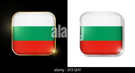 Bulgaria flag shiny golden and silver icons isolated on black and white. Vector 3D square rounded illuminated buttons with shadow. Use for bets, tourn Stock Vector