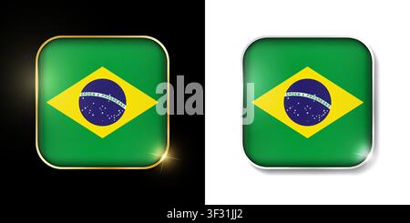 Brazil flag shiny golden and silver icons isolated on black and white. Vector 3D square rounded illuminated buttons with shadow. Use for bets, tournam Stock Vector