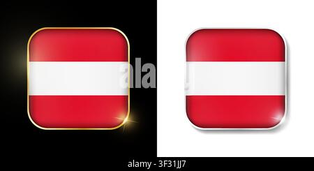 Austria flag shiny golden and silver icons isolated on black and white. Vector 3D square rounded illuminated buttons with shadow. Use for bets, tourna Stock Vector