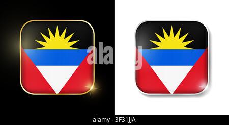 Antigua and Barbuda flag round shiny golen and silver icons isolated on black and white background. Vector 3D square rounded illuminated buttons with Stock Vector