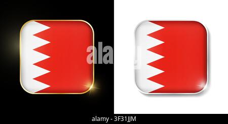 Bahrain flag shiny golden and silver icons isolated on black and white. Vector 3D square rounded illuminated buttons with shadow. Use for bets, tourna Stock Vector