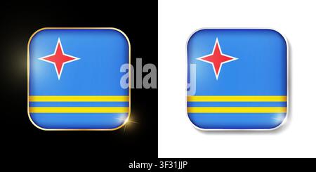 Aruba flag shiny golden and silver icons isolated on black and white. Vector 3D square rounded illuminated buttons with shadow. Use for bets, tourname Stock Vector