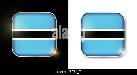 Botswana flag shiny golden and silver icons isolated on black and white. Vector 3D square rounded illuminated buttons with shadow. Use for bets, tourn Stock Vector