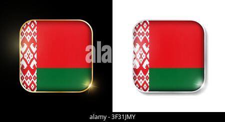 Belarus flag shiny golden and silver icons isolated on black and white. Vector 3D square rounded illuminated buttons with shadow. Use for bets, tourna Stock Vector