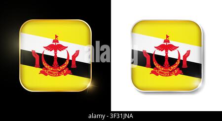 Brunei flag shiny golden and silver icons isolated on black and white. Vector 3D square rounded illuminated buttons with shadow. Use for bets, tournam Stock Vector