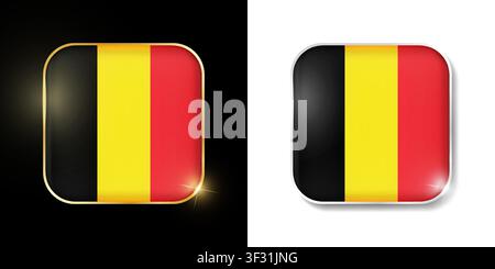 Belgium flag shiny golden and silver icons isolated on black and white. Vector 3D square rounded illuminated buttons with shadow. Use for bets, tourna Stock Vector