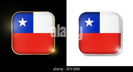 Chile flag shiny golden and silver icons isolated on black and white. Vector 3D square rounded illuminated buttons with shadow. Use for bets, tourname Stock Vector
