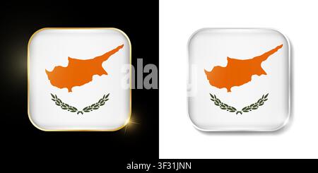 Cyprus flag shiny golden and silver icons isolated on black and white. Vector 3D square rounded illuminated buttons with shadow. Use for bets, tournam Stock Vector