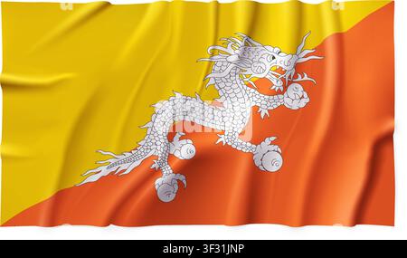 Realistic Bhutan country flag isolated on a transparent background. Silk atlas detailed fabric flag. Vector PNG Stock Vector