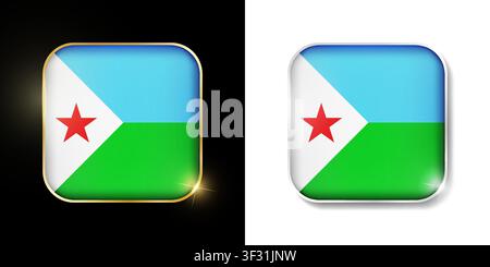 Djibouti flag shiny golden and silver icons isolated on black and white. Vector 3D square rounded illuminated buttons with shadow. Use for bets, tourn Stock Vector