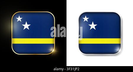 Curacao flag shiny golden and silver icons isolated on black and white. Vector 3D square rounded illuminated buttons with shadow. Use for bets, tourna Stock Vector