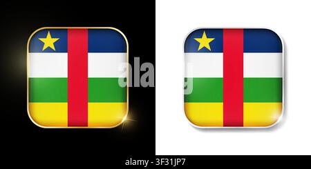 Central African Republic flag shiny golden and silver icons isolated on black and white. Vector 3D square rounded illuminated buttons with shadow. Use Stock Vector