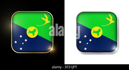 Christmas Island flag shiny golden and silver icons isolated on black and white. Vector 3D square rounded illuminated buttons with shadow. Use for bet Stock Vector