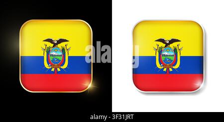 Ecuador flag shiny golden and silver icons isolated on black and white. Vector 3D square rounded illuminated buttons with shadow. Use for bets, tourna Stock Vector