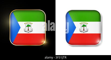 Equatorial Guinea flag shiny golden and silver icons isolated on black and white. Vector 3D square rounded illuminated buttons with shadow. Use for be Stock Vector