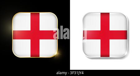 England flag shiny golden and silver icons isolated on black and white. Vector 3D square rounded illuminated buttons with shadow. Use for bets, tourna Stock Vector