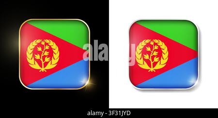 Eritrea flag shiny golden and silver icons isolated on black and white. Vector 3D square rounded illuminated buttons with shadow. Use for bets, tourna Stock Vector