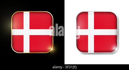 Denmark flag shiny golden and silver icons isolated on black and white. Vector 3D square rounded illuminated buttons with shadow. Use for bets, tourna Stock Vector