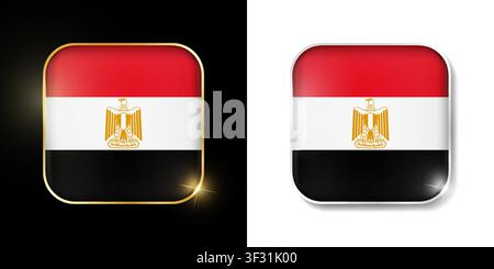 Egypt flag shiny golden and silver icons isolated on black and white. Vector 3D square rounded illuminated buttons with shadow. Use for bets, tourname Stock Vector
