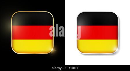 Germany flag shiny golden and silver icons isolated on black and white. Vector 3D square rounded illuminated buttons with shadow. Use for bets, tourna Stock Vector