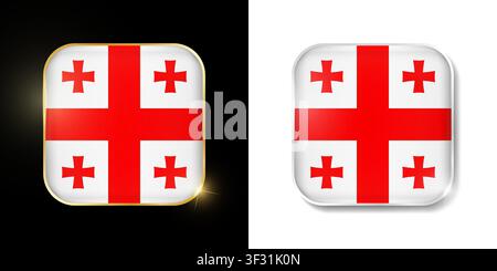 Georgia flag shiny golden and silver icons isolated on black and white. Vector 3D square rounded illuminated buttons with shadow. Use for bets, tourna Stock Vector