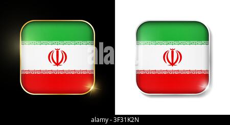 Iran flag shiny golden and silver icons isolated on black and white. Vector 3D square rounded illuminated buttons with shadow. Use for bets, tournamen Stock Vector