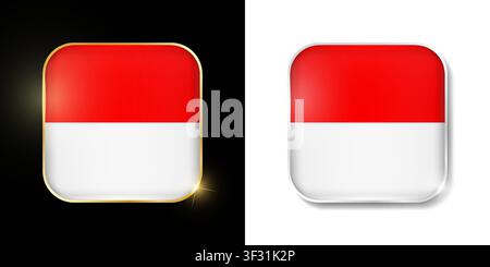 Indonesia flag shiny golden and silver icons isolated on black and white. Vector 3D square rounded illuminated buttons with shadow. Use for bets, tour Stock Vector