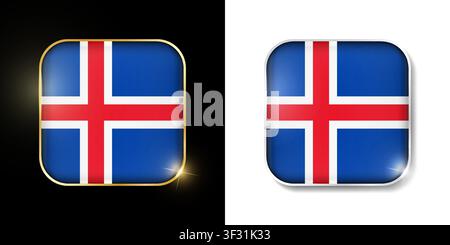 Iceland flag shiny golden and silver icons isolated on black and white. Vector 3D square rounded illuminated buttons with shadow. Use for bets, tourna Stock Vector