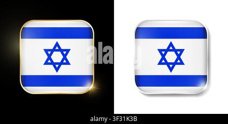 Israel flag shiny golden and silver icons isolated on black and white. Vector 3D square rounded illuminated buttons with shadow. Use for bets, tournam Stock Vector