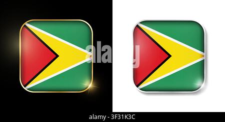 Guyana flag shiny golden and silver icons isolated on black and white. Vector 3D square rounded illuminated buttons with shadow. Use for bets, tournam Stock Vector