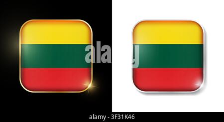 Lathuania flag shiny golden and silver icons isolated on black and white. Vector 3D square rounded illuminated buttons with shadow. Use for bets, tour Stock Vector