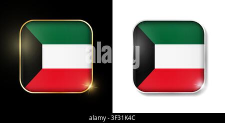 Kuwait flag shiny golden and silver icons isolated on black and white. Vector 3D square rounded illuminated buttons with shadow. Use for bets, tournam Stock Vector