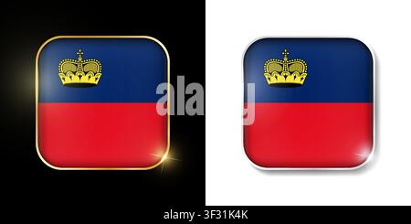 Leichtenstein flag shiny golden and silver icons isolated on black and white. Vector 3D square rounded illuminated buttons with shadow. Use for bets, Stock Vector