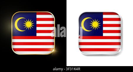 Malaysia flag shiny golden and silver icons isolated on black and white. Vector 3D square rounded illuminated buttons with shadow. Use for bets, tourn Stock Vector