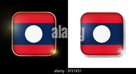 Laos flag shiny golden and silver icons isolated on black and white. Vector 3D square rounded illuminated buttons with shadow. Use for bets, tournamen Stock Vector