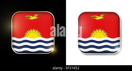 Kiribati flag shiny golden and silver icons isolated on black and white. Vector 3D square rounded illuminated buttons with shadow. Use for bets, tourn Stock Vector