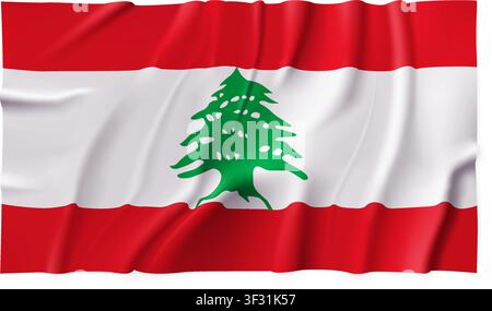Lebanon country flag isolated on a transparent background. Silk atlas detailed fabric flag. Vector PNG Stock Vector