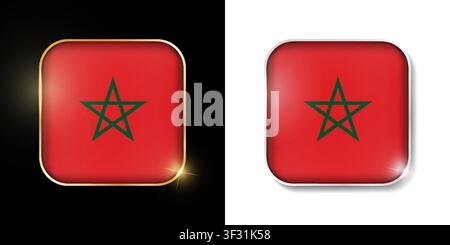 Morocco flag shiny golden and silver icons isolated on black and white. Vector 3D square rounded illuminated buttons with shadow. Use for bets, tourna Stock Vector