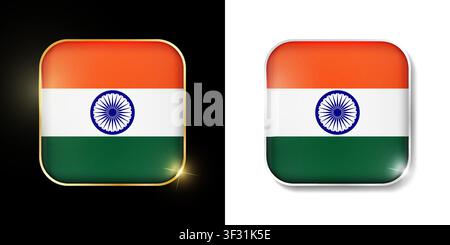 India flag shiny golden and silver icons isolated on black and white. Vector 3D square rounded illuminated buttons with shadow. Use for bets, tourname Stock Vector
