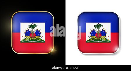 Haiti flag shiny golden and silver icons isolated on black and white. Vector 3D square rounded illuminated buttons with shadow. Use for bets, tourname Stock Vector