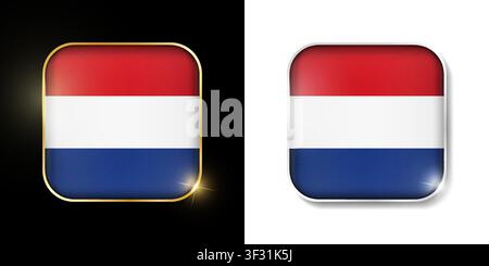 Netherlands flag shiny golden and silver icons isolated on black and white. Vector 3D square rounded illuminated buttons with shadow. Use for bets, to Stock Vector