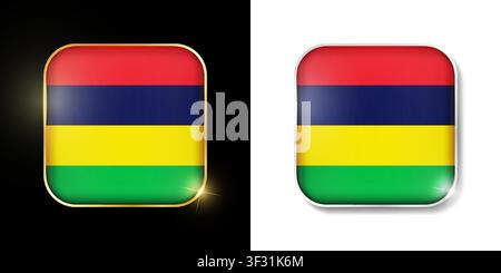 Mauritius flag shiny golden and silver icons isolated on black and white. Vector 3D square rounded illuminated buttons with shadow. Use for bets, tour Stock Vector
