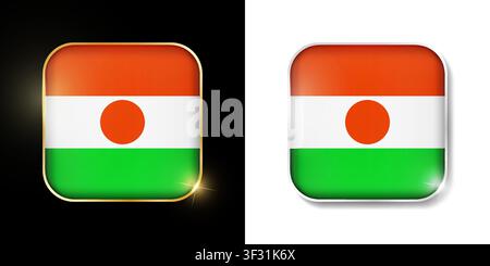 Niger flag shiny golden and silver icons isolated on black and white. Vector 3D square rounded illuminated buttons with shadow. Use for bets, tourname Stock Vector