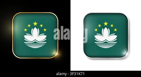 Macau flag shiny golden and silver icons isolated on black and white. Vector 3D square rounded illuminated buttons with shadow. Use for bets, tourname Stock Vector