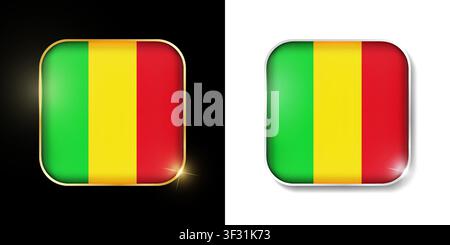 Mali flag shiny golden and silver icons isolated on black and white. Vector 3D square rounded illuminated buttons with shadow. Use for bets, tournamen Stock Vector