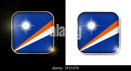 Marshall Islands flag shiny golden and silver icons isolated on black and white. Vector 3D square rounded illuminated buttons with shadow. Use for bet Stock Vector