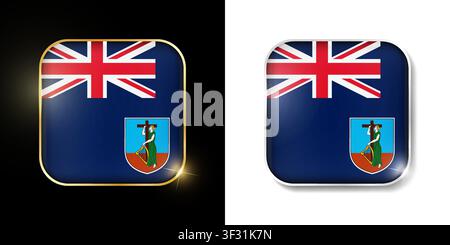 Montserrat flag shiny golden and silver icons isolated on black and white. Vector 3D square rounded illuminated buttons with shadow. Use for bets, tou Stock Vector