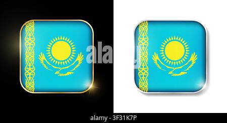 Kazakhstan flag shiny golden and silver icons isolated on black and white. Vector 3D square rounded illuminated buttons with shadow. Use for bets, tou Stock Vector
