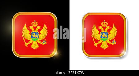 Montenegro flag shiny golden and silver icons isolated on black and white. Vector 3D square rounded illuminated buttons with shadow. Use for bets, tou Stock Vector