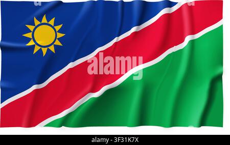 Realistic Namibia country flag isolated on a transparent background. Silk atlas detailed fabric flag. Vector PNG Stock Vector